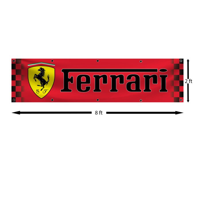 "Elevate your space with this Ferrari Racing Checkered Banner, the perfect décor piece for car enthusiasts and motorsport fans. Measuring 2x8 ft, this banner features the iconic Ferrari logo alongside bold checkered racing graphics, symbolizing the thrill and prestige of the racing world. Ideal for garages, man caves, workshops, or car shows, it brings a touch of Italian automotive excellence to any setting. Crafted from durable, high-quality materials, this banner is designed to withstand indoor and outdoor use, ensuring vibrant colors and long-lasting appeal. Celebrate Ferrari’s unparalleled legacy in Formula 1 and high-performance racing with this stylish and dynamic banner, a must-have for anyone who admires speed, luxury, and precision."