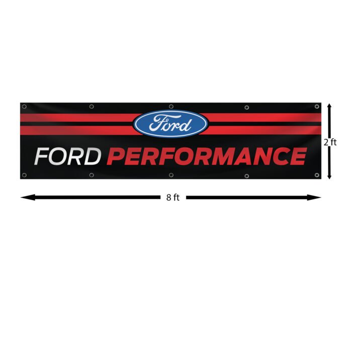 "Show your love for Ford Performance with this 2x8 ft banner flag, perfect for fans of iconic vehicles like the Mustang, Cobra, GT, F-150, and Shelby. Featuring bold Ford Racing and SVT graphics, this banner is ideal for garages, car shows, man caves, workshops, or as an advertising display. Crafted from durable materials, it ensures vibrant colors and long-lasting appeal for both indoor and outdoor use. Whether you’re showcasing your passion for Ford’s legendary cars and trucks or celebrating the power and precision of models like the Shelby Cobra, this banner is the ultimate décor piece for enthusiasts and collectors alike."